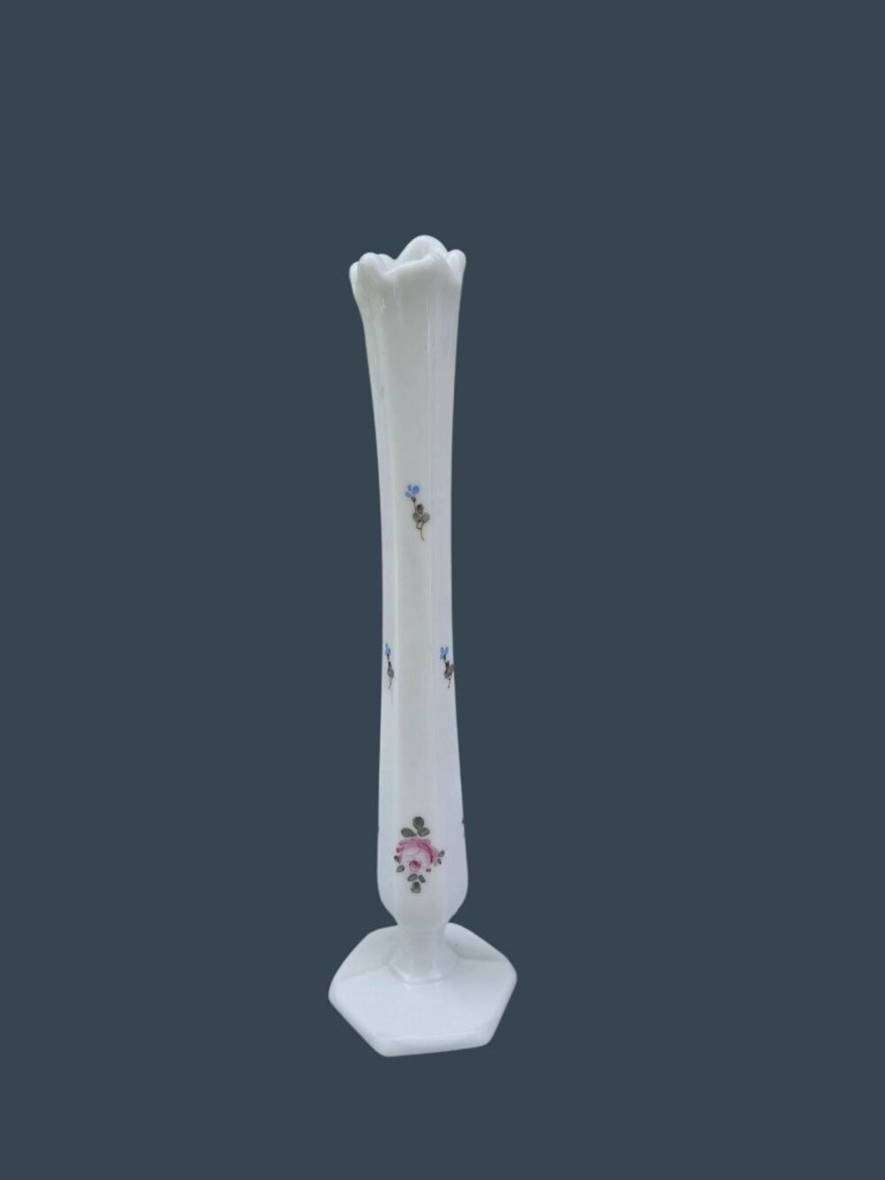 Westmoreland Hand-Painted Milk Glass Bud Vase With Floral Design & Hexagonal Bas